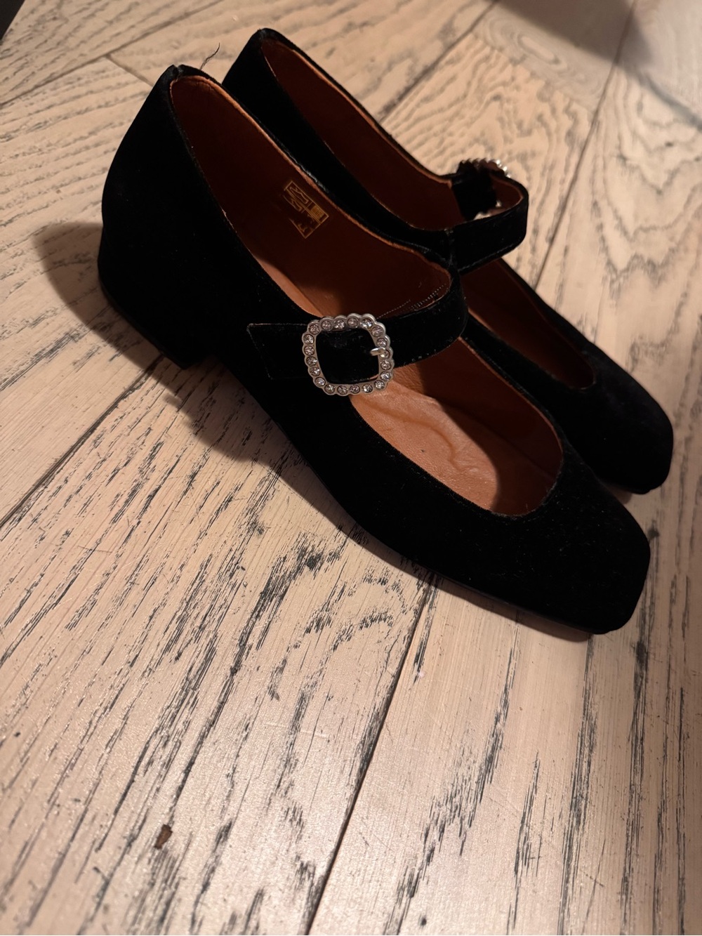 Penelope Chilvers Black Velvet Mary Jane Heels with Crystal Buckle